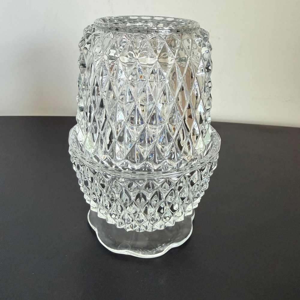 VTG Fairy Lamp Candle Holders Clear Pressed Glass Diamond Scalloped Set of 2